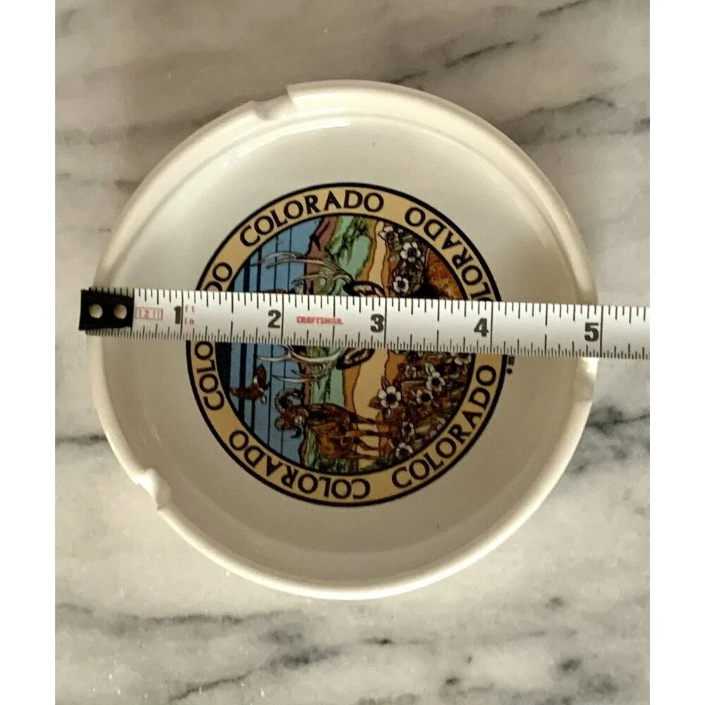 Vintage Retro Colorado State Tourist Ashtray Deer Eagle Ram Graphic Design